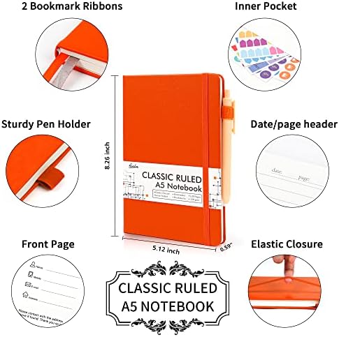 feela 3 Pack Notebooks Journals Bulk with 3 Black Pens, A5 Hardcover Notebook Classic Ruled Lined Journal Set with Pen Holder for Work Business Journaling Note Taking, 120 GSM, 5.1”x8.3”, Orange