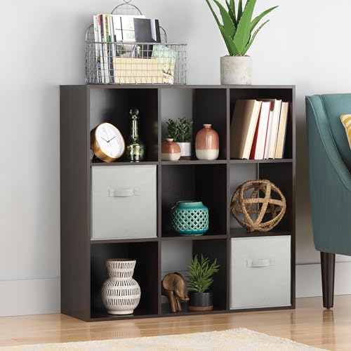 Whitmor 9 Cube Storage Organizer, 3 Tier Stackable MDF Wood Bookcase, Open Storage Display Bookshelf, Storage Cabinet for Living Room, Bedroom, Home, Office, 35.5" L x 11.7" W x 35.5" H, Espresso