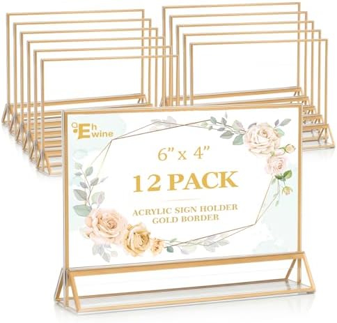 EHWINE 12 Pack Acrylic Sign Holder 4 x 6 Horizontal, Double-Sided Stand up Table Top Sign Holders, Gold Acrylic Picture Frame Menu Flyer Paper Holder Display Stand for Office Business Store Wedding Party