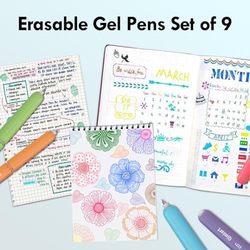 Erasable Gel Pens, 9 Pack Rainbow Colors, 0.6mm Fine Point