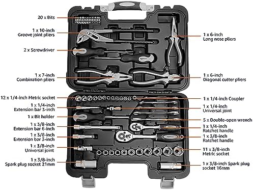 Amazon Basics 65-Piece General Household Home Repair and Mechanic's Hand Tool Kit Set with Storage Case, Portable, Non-Slip Handles, Black