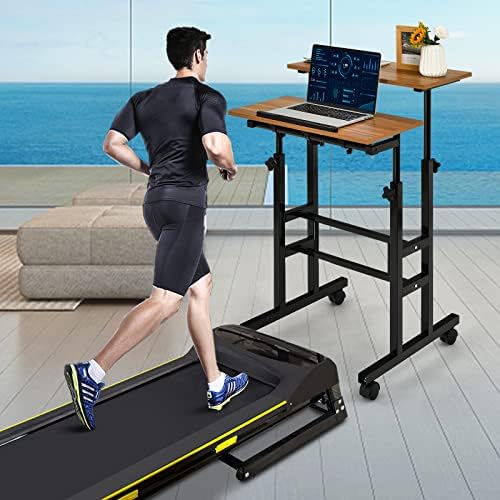 COSTWAY Mobile Standing Desk, Height Adjustable Rolling Laptop Cart w/Tilting Desktop for Standing or Sitting, Lockable Casters, Home Office Computer Workstation for Small Spaces (Brown)