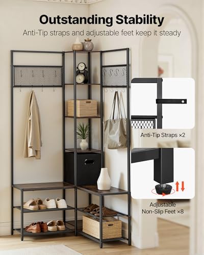 VEVOR Corner Hall Tree with Shoe Bench, 70.9 in Coat Rack with Hooks and Steel Frame, Freestanding Clothes Shoes Rack Storage Organizer with Anti-Tip Set, for Entrance, Closet, Office, Rustic Brown