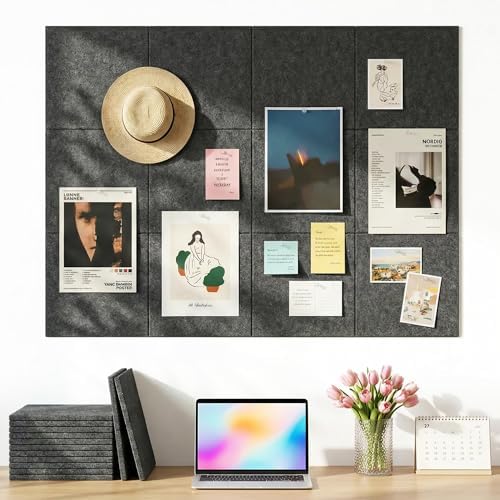 Aothia Felt Bulletin Board Tiles, 12-Pack 48"x36" Large Pin Board for Wall, Modern Cork Board Alternative for Notes, Photos, Memo & Office Organization, 70 Adhesive Tabs & 40 Push Pins, Charcoal Gray
