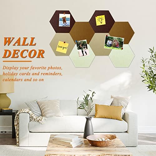 8 Pcs Hexagon Felt Cork Bulletin Board Tiles, Self Adhesive DIY Bulletin Board Pin Board for Office School Home Wall Decor Memos Photos Display (Gradual Brown)