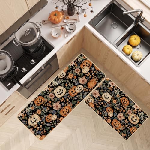Baccessor Halloween Kitchen Rugs Set of 2, Spooky Pumpkin Floral Black Kitchen Mats Low-Profile Non Slip Washable Rugs for Floor Home Decor 17x29 and 17x47 Inch