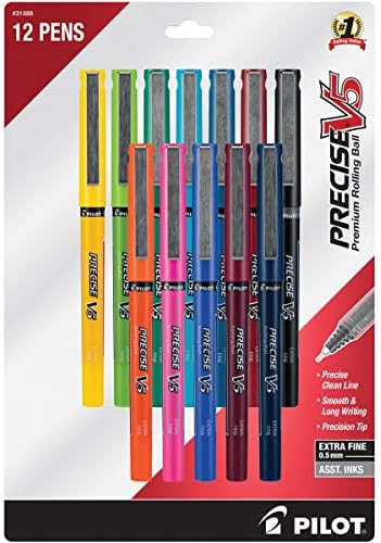 PILOT Precise V5 Stick Pens, Extra Fine Point 0.5mm, Assorted Inks, 12-Pack