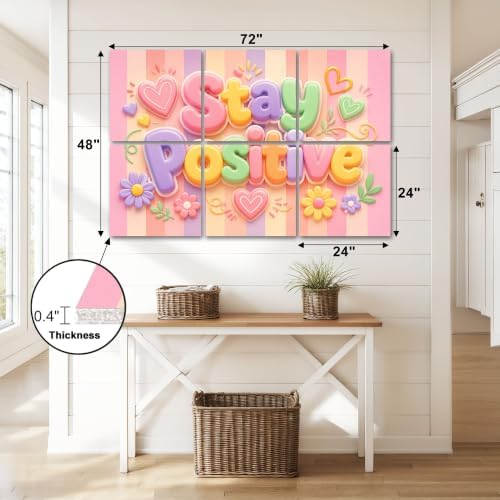 6 Pack Art Acoustic Panels Sound Absorbing Stay Positive Pastel Typography Hearts Flowers Striped Decorative Soundproof Wall Panels Self Adhesive for Home Recording Studios 72"x48"