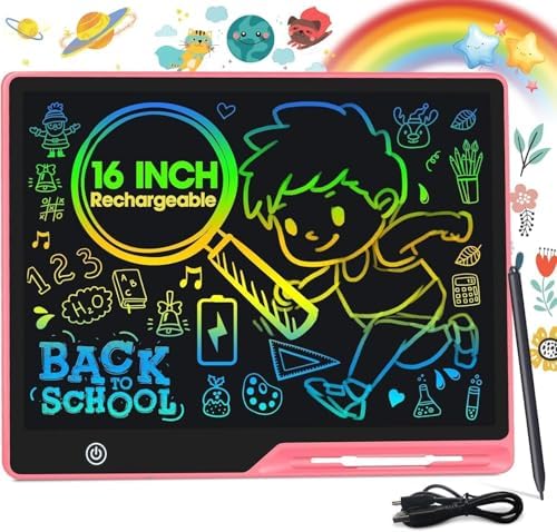 POPERFUN LCD Writing Tablet for Kids, Rechargeable Kids Drawing Pad 16 Inch Colorfuls Doodle Board, Kids Drawing Tablet Toys for Ages3 4 5 6 7 8 for Girls Boys Adults (Light Pink)