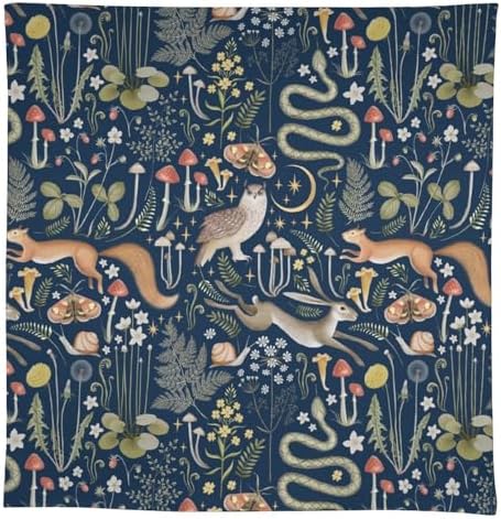 Fairy Forest Tablecloth, Retro Dark Blue Woodland Wildlife Owl Squirrel Print Rustic Flowers Mushrooms Table Cloth for Outdoor Picnic Home Dining Kitchen Table Decor 60x90in