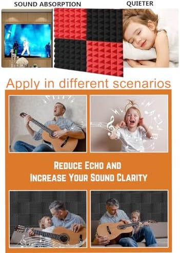 Acoustic Foams Panels 24 Pack 2" x 12"x 12" Sound Proof Foam Panels for Walls High Density and Fire Resistant Soundproofing Panels Soundproof Studio Pyramid Sound Dampening Panels Black Red