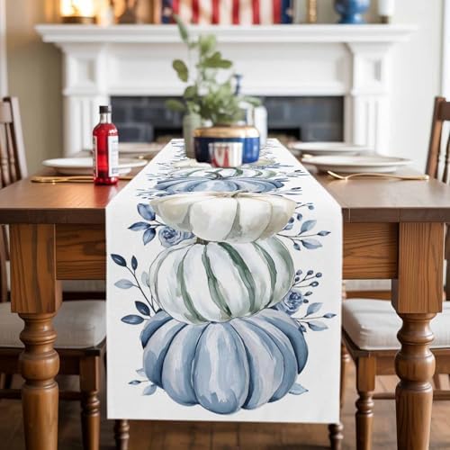 Fall Table Runner White Blue Pumpkin Table Runners Harvest Thanksgiving Blue Eucalyptus Leaves Cotton Linen Dresser Scarf Kitchen Dining Table Decor for Autumn Holiday Party Coffee 13x108 Inch
