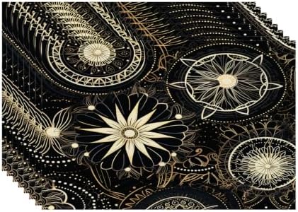 Batmerry Circular Patterns Floral Designs Placemats, Black and Gold Decorative Patterns Washable Linen Table Mats for Kitchen Table Double Insulation Decor Dining Set Indoor Outdoor 12X18 in Set of 8