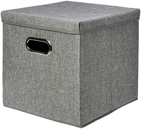 Amazon Basics Foldable Burlap Cloth Cube Storage Bins with Lid, Collapsible Organizing Containers, Stackable and Sturdy, Gray, Set of 2