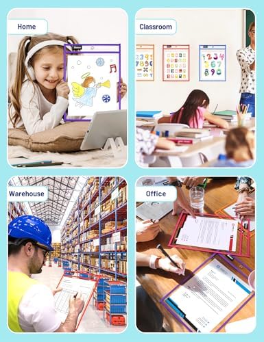SUNEE 100 Packs Oversized Reusable Dry Erase Pocket Sleeves with 5 Rings, 10 Assorted Colors 10x14 Ticket Holders, Clear Plastic Sheet Protectors, Teacher School Classroom Supplies
