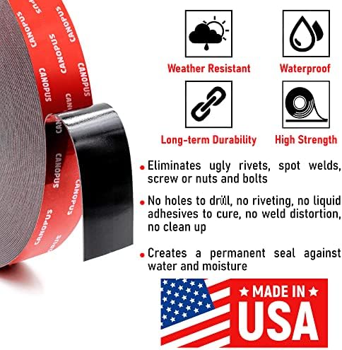 CANOPUS Double Sided Tape, 5952 Heavy Duty Mounting Tape, Strong Bond & Weatherproof Seal Strip for Automotive Mounting, Picture and Photo Frame, Poster, Craft, 1 in x 108 ft, Black, Made in USA