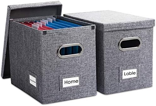 PRANDOM File Organizer Box - Set of 2 Collapsible Decorative Linen Filing Storage Hanging File Folders with Lids Office Cabinet Letter Size Grey (14x9.3x10.8 inch)
