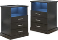 Halitaa Black LED Nightstand with Charging Station, Side Table with 3 Drawers and Light, End Table with Open Storage, Beside Cabinet for Bedroom (Black 2 Set)
