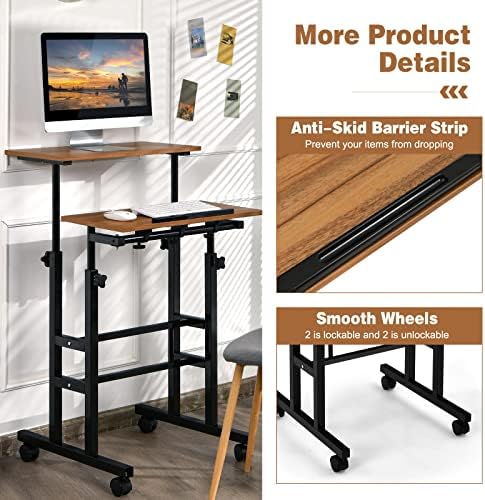 COSTWAY Mobile Standing Desk, Height Adjustable Rolling Laptop Cart w/Tilting Desktop for Standing or Sitting, Lockable Casters, Home Office Computer Workstation for Small Spaces (Brown)