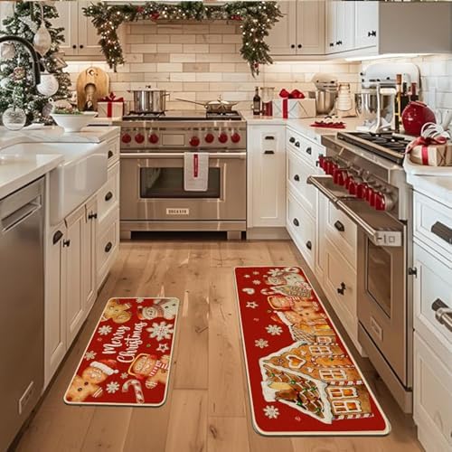 Baccessor Christmas Gingerbread Kitchen Rugs Set of 2,Red Gingerbread House Xmas Winter Snowman Kitchen Mats Washable Non Slip for Floor Hallway Laundry Sink Holiday Home Decor 17x29 and 17x47 Inch