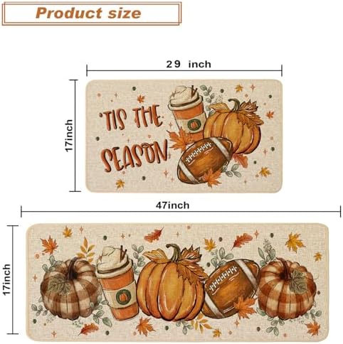 Baccessor Fall Kitchen Rugs Set of 2, Football Pumpkin Spice Latte Kitchen Mats for Floor Washable Low-Profile Farmhouse Autumn Holiday Home Indoor Outdoor Decor 17x29 and 17x47 Inch