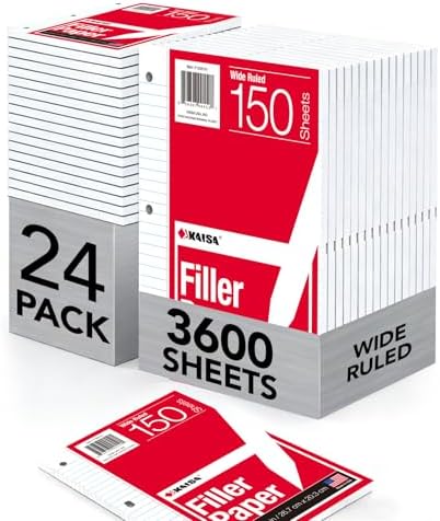 Kaisa Notebook Paper USA-Made Loose Leaf Paper, 24 Pack 3600 Sheets 8"x10.5" Wide Ruled - 3-Hole Punched Bulk Filler Paper for 3-Ring Binder, 150 Sheets/Pack, Wholesale Available(24Pack-Wide)