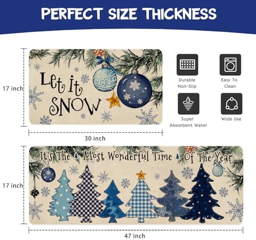 Winter Kitchen Rugs and Mats Set of 2,Let It Snow Blue Christmas Pine Trees Balls Ornament Snowflakes Winter Holiday Sink Mat Non Skid Washable for Home Farmhouse Floor Decor 17"x47"+17"x30"
