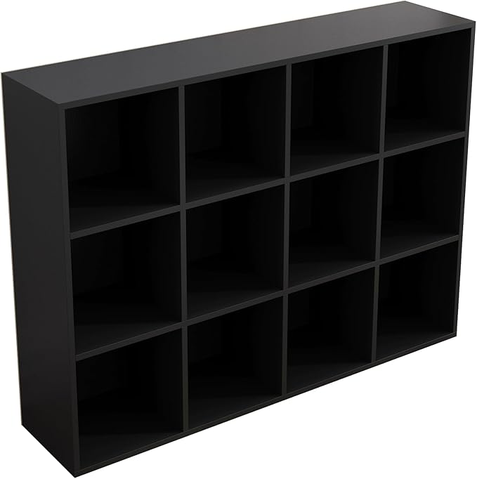 12-Cube Storage Shelf Bookcase, Black | Wooden 3-Tier Open Bookshelf, Fits 11×11" Bins, Vertical or Horizontal Use, Full Back Panels, For Home Office