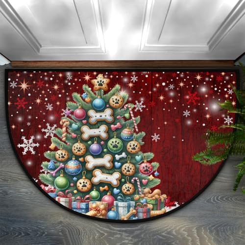 Christmas Tree Decoration Half Round Door Mat Non Slip Washable xmas Semi Circle Area Rug Absorbent Soft Holiday Half Moon Rug Floor Mat for Indoor Outdoor Kitchen Bathroom Patio Front Door Mat Decor
