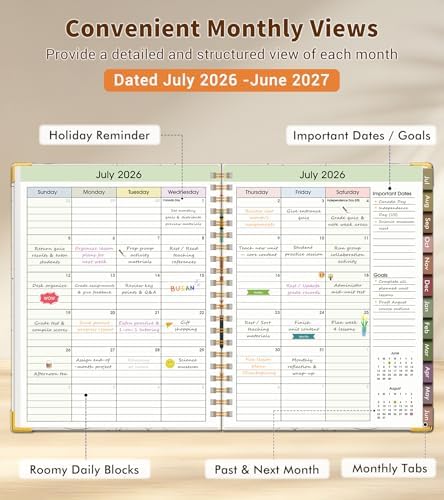 Teacher Planner 2026-2027, July 2026 - June 2027, Academic Weekly & Monthly Calendar Planner with Tabs, 8.5" x 11" A4 Teacher Lesson Plan Book with 7 Periods, Daily Agenda School Organizer for Teacher Student Homeschool, Rainbow