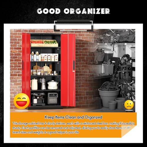 Greenvelly Metal Garage Storage Cabinet with Lock, 72" Metal Storage Cabinet with 2Doors and 4Adjustable Shelves, Steel Tool Cabinet for Home Office, School,Gym (Black&Red)