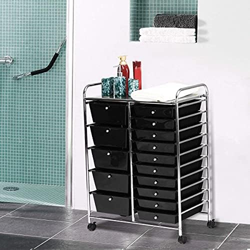 COSTWAY 15 Drawer Rolling Storage Cart, Mobile Utility Cart with Lockable Wheels, Drawers, Multipurpose Organizer Cart for Home, Office, School, Black