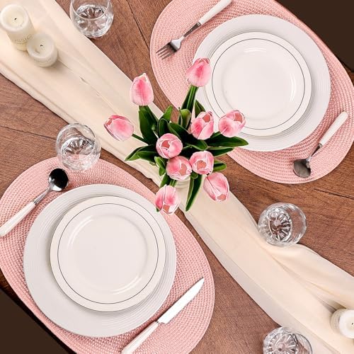 AHHFSMEI Placemats Set of 6 for Dining Table Washable Woven Non-Slip 18x12 inches Placemat Heat-Resistant Durable Table Mats for Dining Table Easy to Clean(Pink)