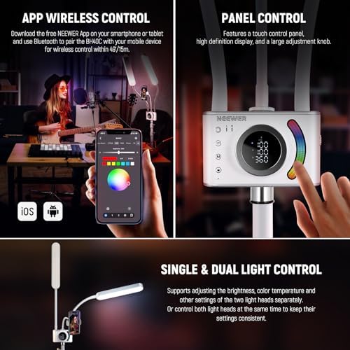 NEEWER RGB Esthetician Light Kit Upgraded with Phone APP Control/Touch Bar, Separate Control Dual Arm LED Video Light w Phone Holder/Stand/Travel Bag, 2500K-10000K 18 Scenes for Tattoo Lash, BH40C