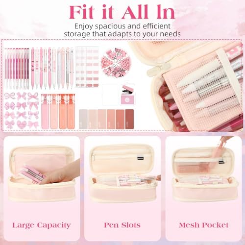 Eersida 58 Pcs Bow School Supplies Set, Pink Pencil Pouch Pens