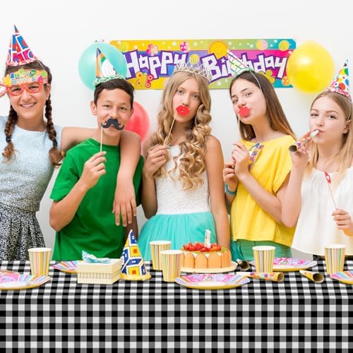CXPSINC 54 Inch X 300 Feet Plastic Table Cover Roll Disposable Tablecloth with Slide Cutter for All Type/Shape Tables | Party, Banquet, Birthdays, Weddings(Black Checkered, 300 Feet)
