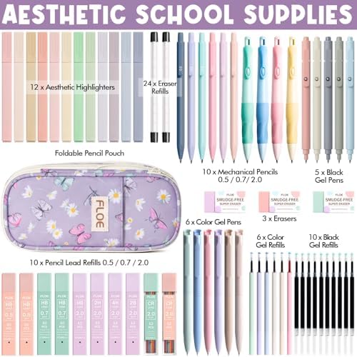 65PCS Aesthetic School Supplies Back to School Supplies Cute Stationary Set | College Essentials Kit with Pencil Case, Pastel Highlighters Gel Pens Mechanical Pencil Set 0.5 0.7 & 2.0mm for Student Girls