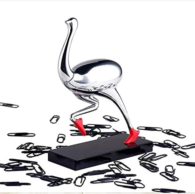 Running Ostrich Magnetic Paperclip Holder Funny Office Desk Decor Decorative Jewelry Storage Dispenser Silver Creative Small Gifts for Friends Coworkers