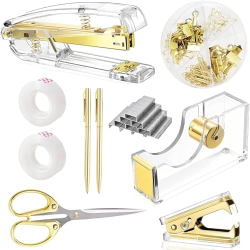 suniya Office Supplies Gold Desk Accessories Set Office Supplies Kit with Stapler, Tape Dispenser, Scissors, Staple Remover, Ballpoint Pen, Clear Tape & Staples – Best Gift for Business or Boss
