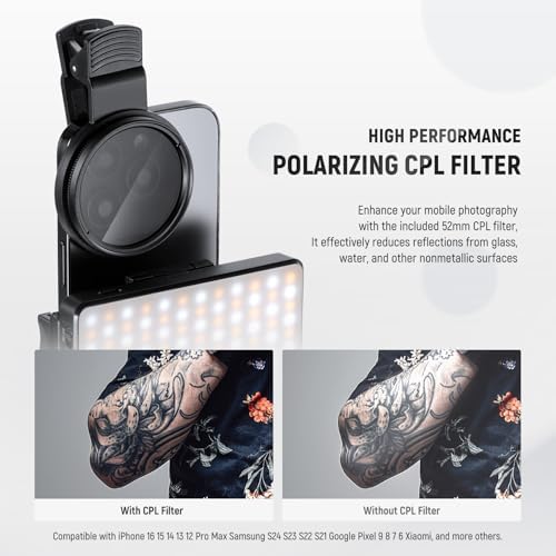 NEEWER Basics LED Selfie & Tattoo Light Compatible with iPhone, Clip on CPL Filter/Tripod Stand/Phone Holder, Fill Lighting Remove Reflection for Art Food Jewelry Photography Video Recording, BL120B