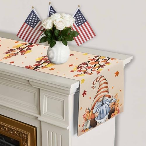 Fall Table Runner Fall Gnome Table Runners Harvest Thanksgiving Maple Leaves Blue Pumpkin Cotton Linen Dresser Scarf Kitchen Dining Table Decor for Autumn Holiday Party Coffee 13x36 Inch