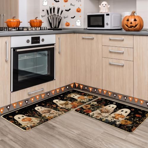 Baccessor Halloween Ghost Kitchen Rugs Set of 2,Spooky Pumpkin Fall Floral Black Mat Rug Indoor Outdoor Low-Profile Non Slip Absorbent Floor Mats for Home Party Holiday Decor 17x29 and 17x47 Inch