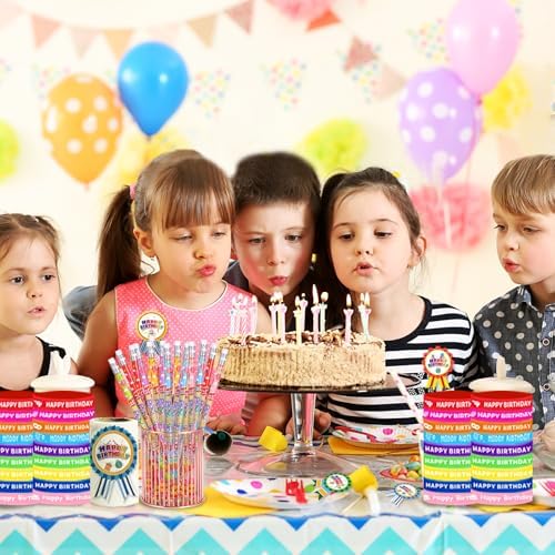 172 Pcs Birthday Pencils Set: 36 Happy Birthday Pencils, 36 Wristbands, 100 Badge Stickers for Teacher, Classroom, Party Favors