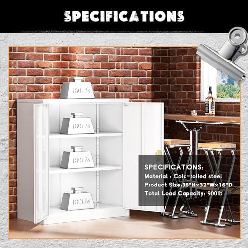 Greenvelly Metal Garage Storage Cabinet, Lockable Metal Cabinets with 2 Doors and Shelves,36”Steel Storage Locking Counter Cabinet for Office,Garage,Kitchen,Home,School(White)