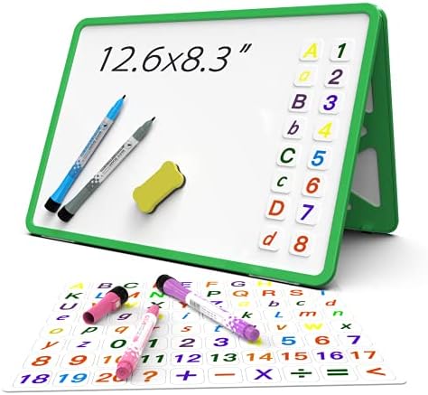 Small Dry Erase White Board with Stand, Double Sided Dry Erase Board for Kids, Foldable Small White Board Portable Mini Whiteboard with Lines & Holder for Home School Office