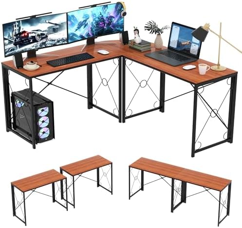 VECELO 59" L Shaped Computer Desk, Corner Computer Desk, Sturdy Home Office Computer Table for Small Space, Writing Desk, Larger Gaming Desk Workstation,Brown