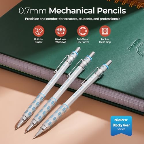Nicpro Blocky Gear Mechanical Pencils 0.7 mm with Case, 3 Pack