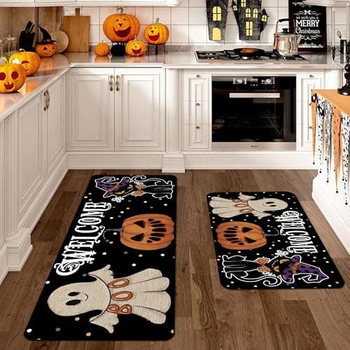 Kitchen Rugs Mat 2 PCS Christmas Halloween Kitchen Rugs Non Slip Washable with 1 PCS Mouse Pad Home Rug Sets Decorations, Ghost Black Cat