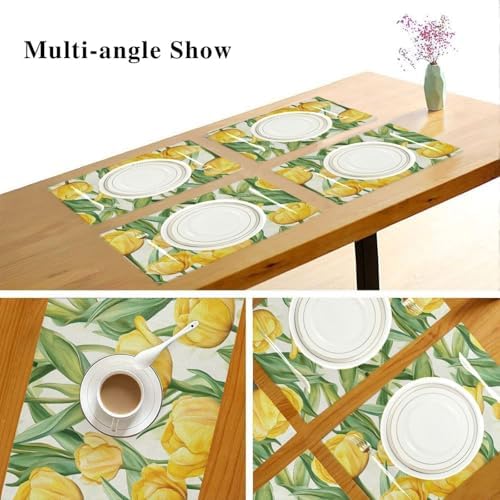ALAZA Yellow Tulip Flowers Set of 4 Placemats Rectangle Table Mat for Dining Table Restaurant Kitchen Home Decor, 12" x 18"