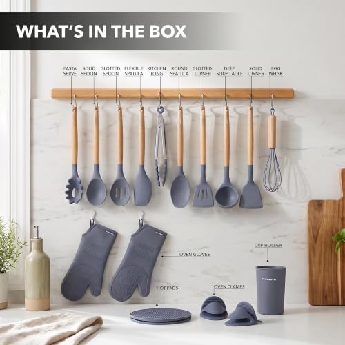 OVENTE Silicone Cooking Utensils Set, 17pcs, Heat Resistant, Grey SPS17G